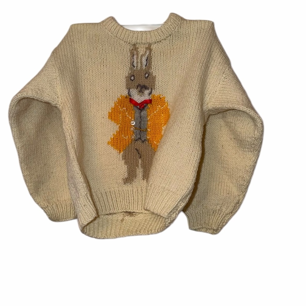 VTG Handmade pullover Cream Knit Sweater bunny Rabbit cotton tail on back 3-4*